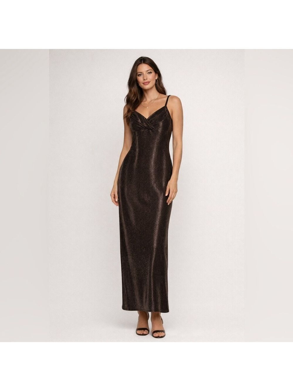 Jessica McClintock Chocolate Brown Metallic Maxi Slip Dress Y2K Sz 12